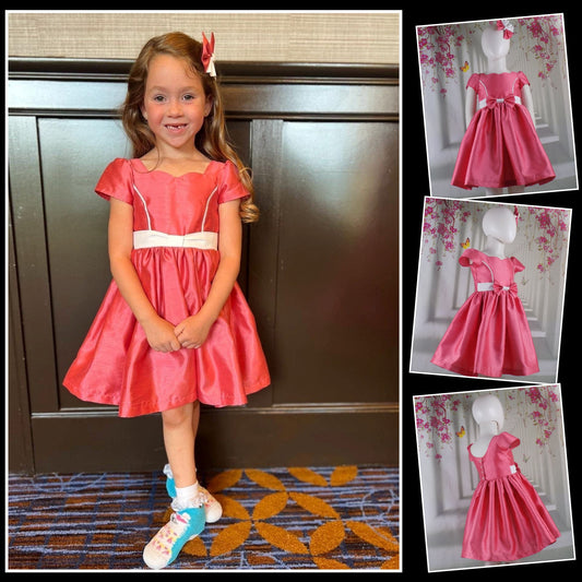 Coral Peach Interview Dress with Sweetheart Neckline for Pageants in Faux Silk Dupioni with Hair Bow