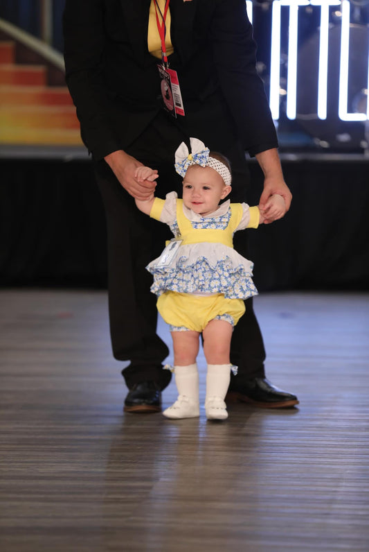 Blue Daisy Floral Pageant Casual Wear Outfit. Top, Shorts, White Eyelet Suspender Skirt and Bow Set.