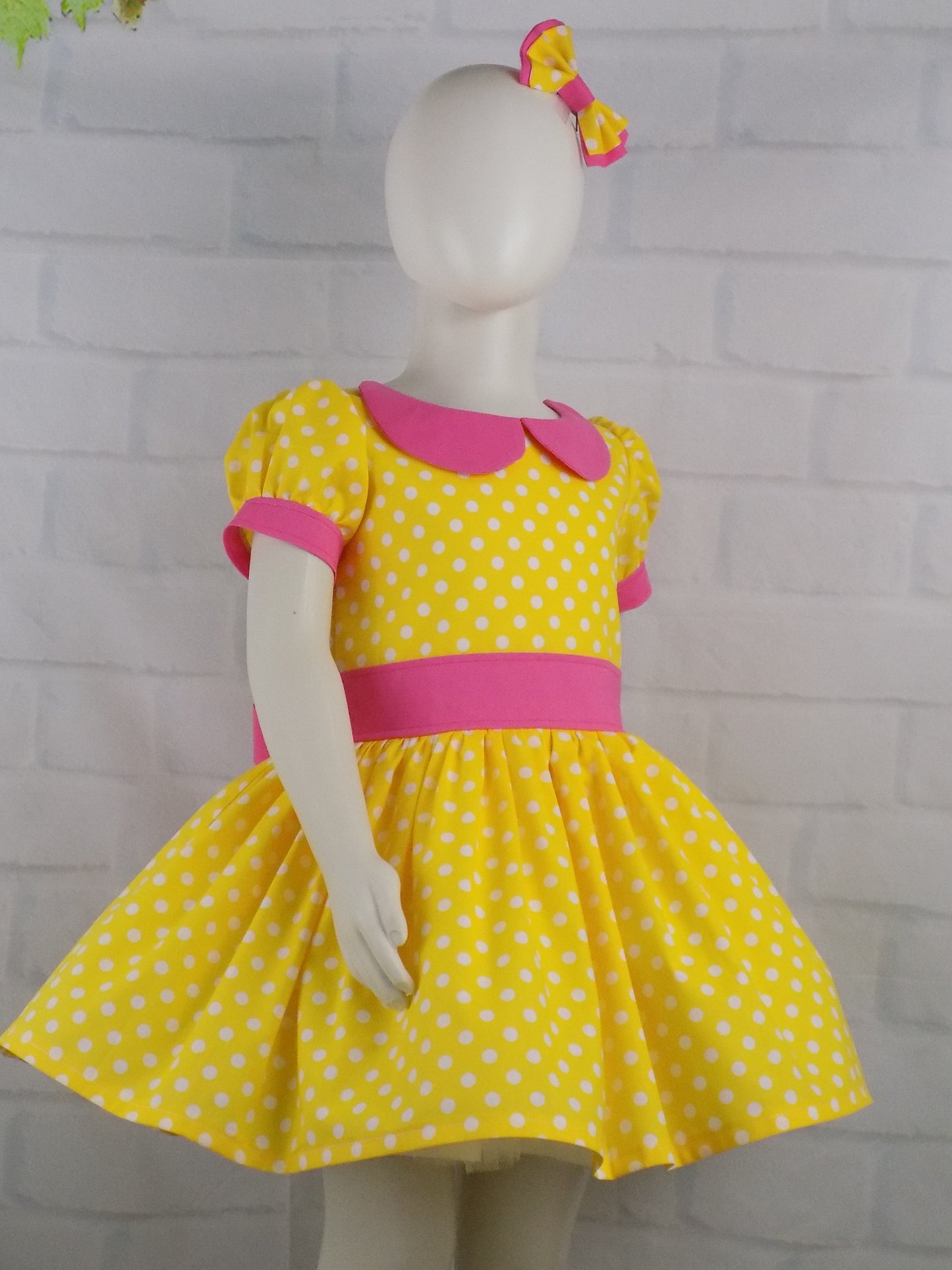 Girl Yellow Polka Dot Dress with Collar for Pageant Personality Wear