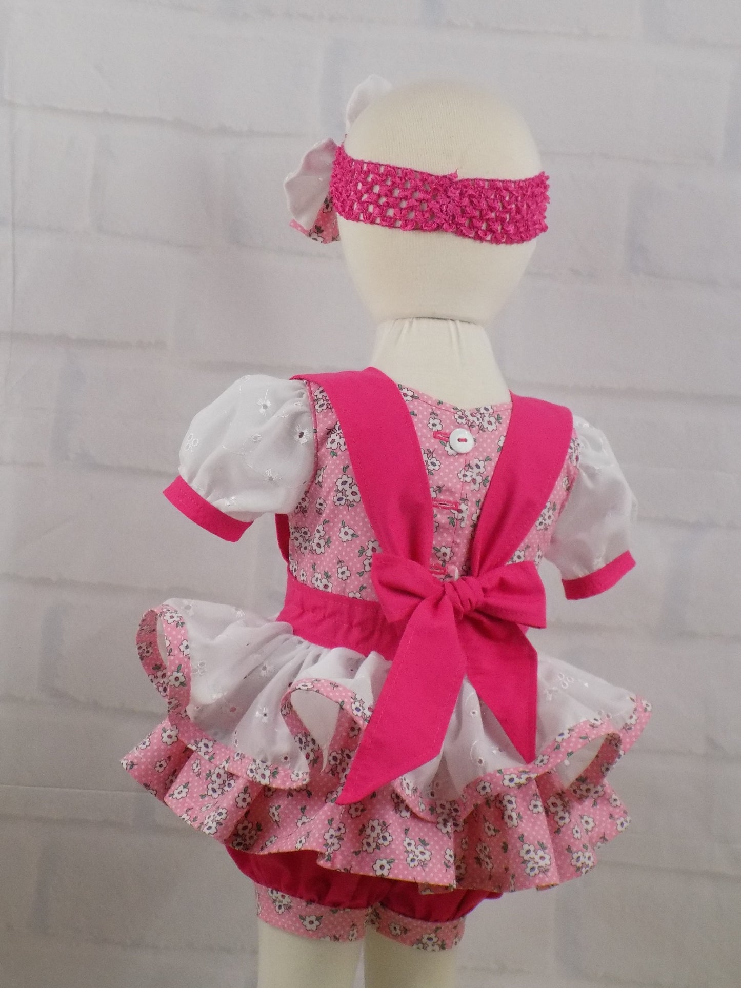 Ditzy Pink Floral and Eyelet Pageant Casual Wear Outfit. Top, Shorts, Suspender Skirt and Bow Set.