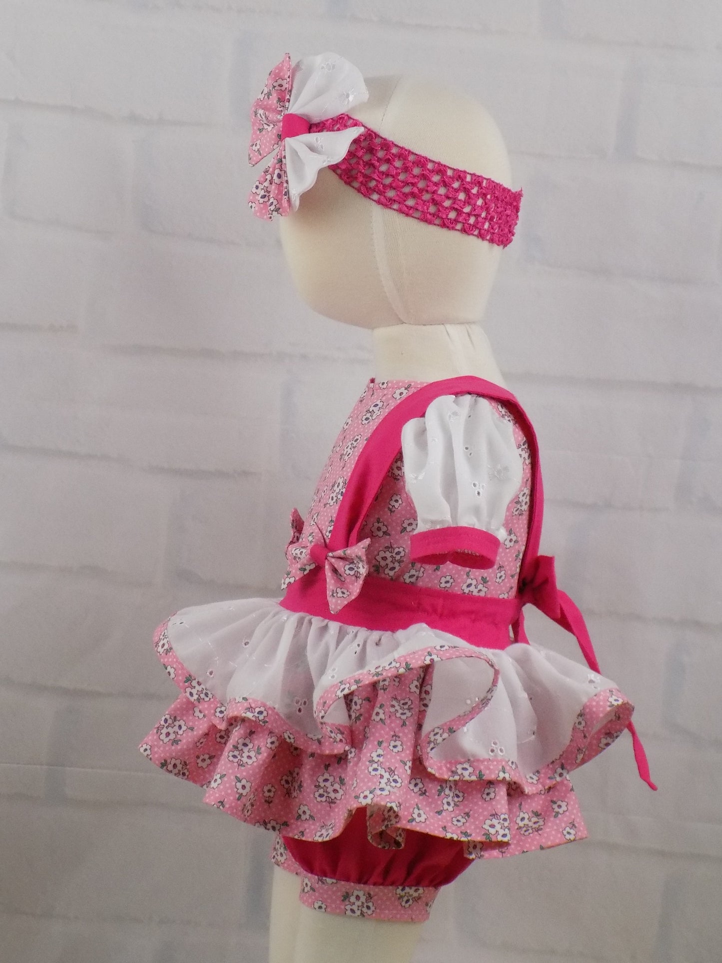 Ditzy Pink Floral and Eyelet Pageant Casual Wear Outfit. Top, Shorts, Suspender Skirt and Bow Set.