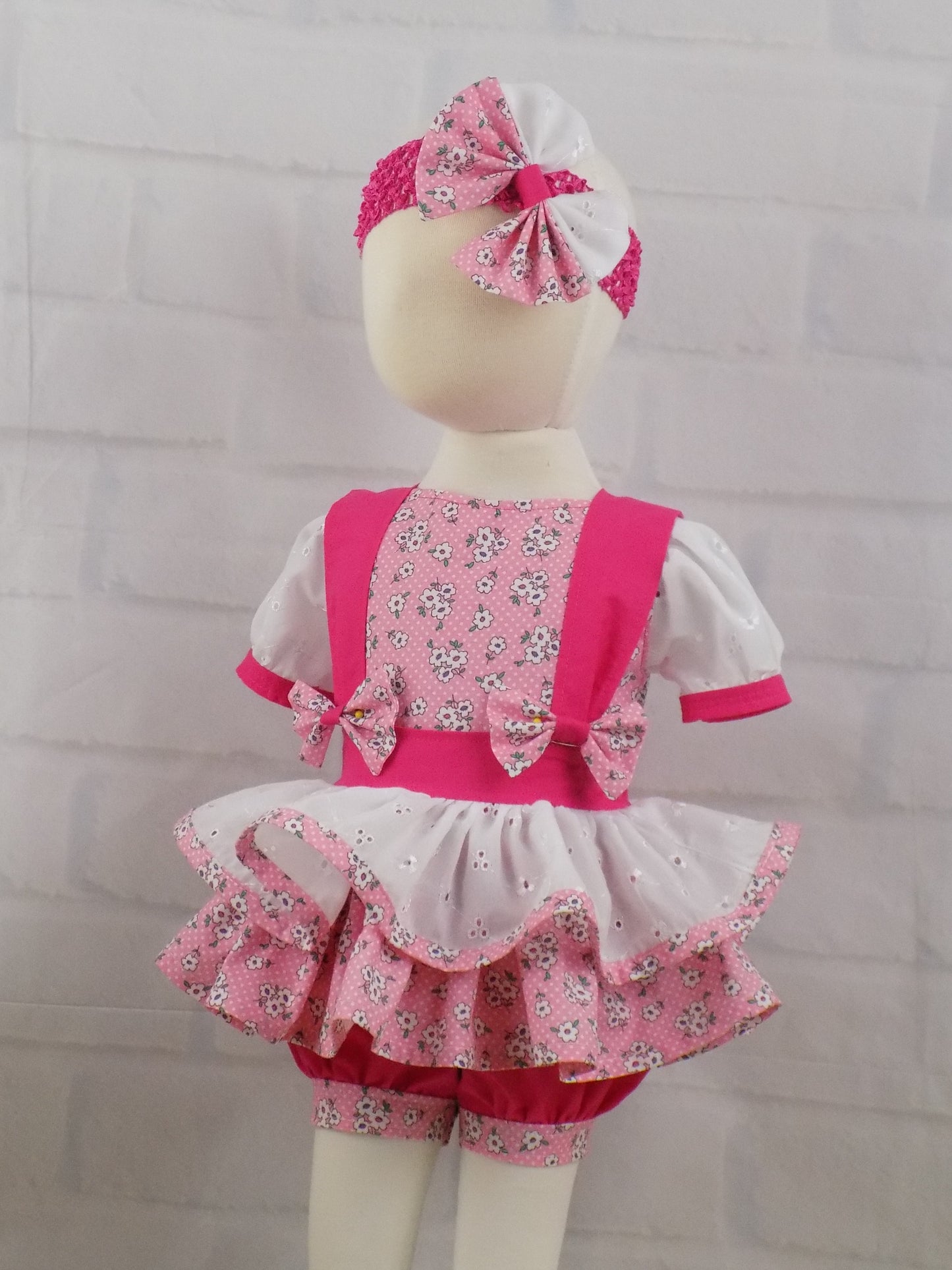 Ditzy Pink Floral and Eyelet Pageant Casual Wear Outfit. Top, Shorts, Suspender Skirt and Bow Set.