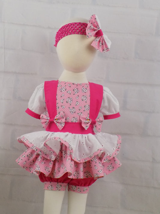 Ditzy Pink Floral and Eyelet Pageant Casual Wear Outfit. Top, Shorts, Suspender Skirt and Bow Set.