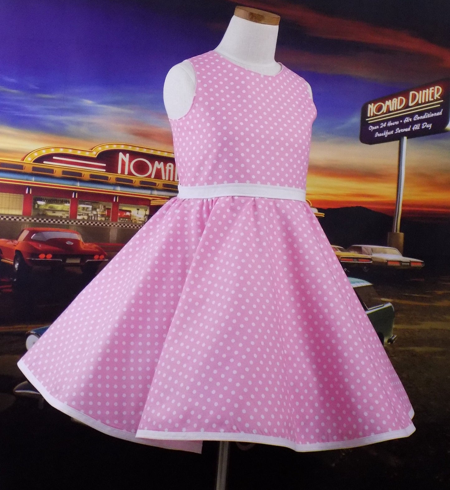 Girls Sleeveless Candy Pink Polka Dot Dress for Pageant Personality Wear, Interview or 50's OOC