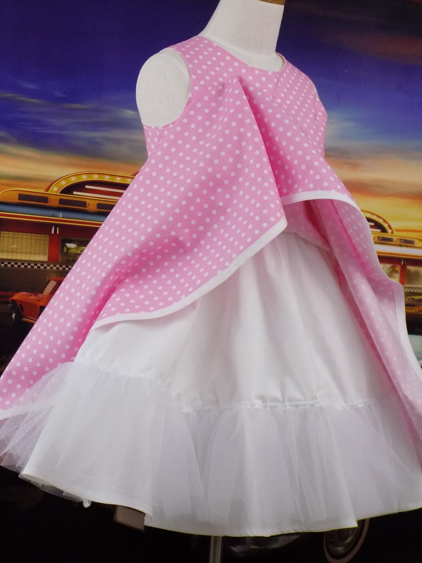 Girls Sleeveless Candy Pink Polka Dot Dress for Pageant Personality Wear, Interview or 50's OOC