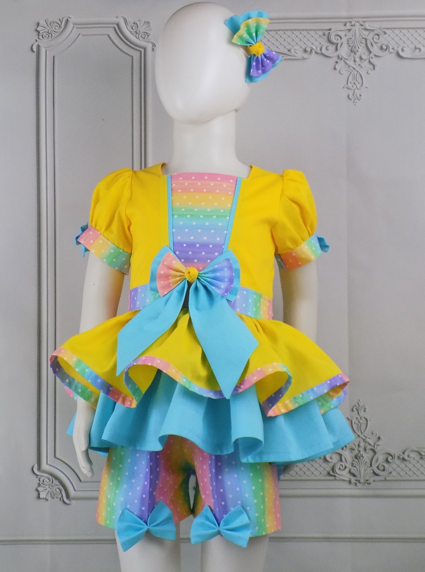 Pastel Rainbow and Dots Pageant Casual Wear Outfit. Top Shorts Bow Set.  Perfect for Spring or Summer