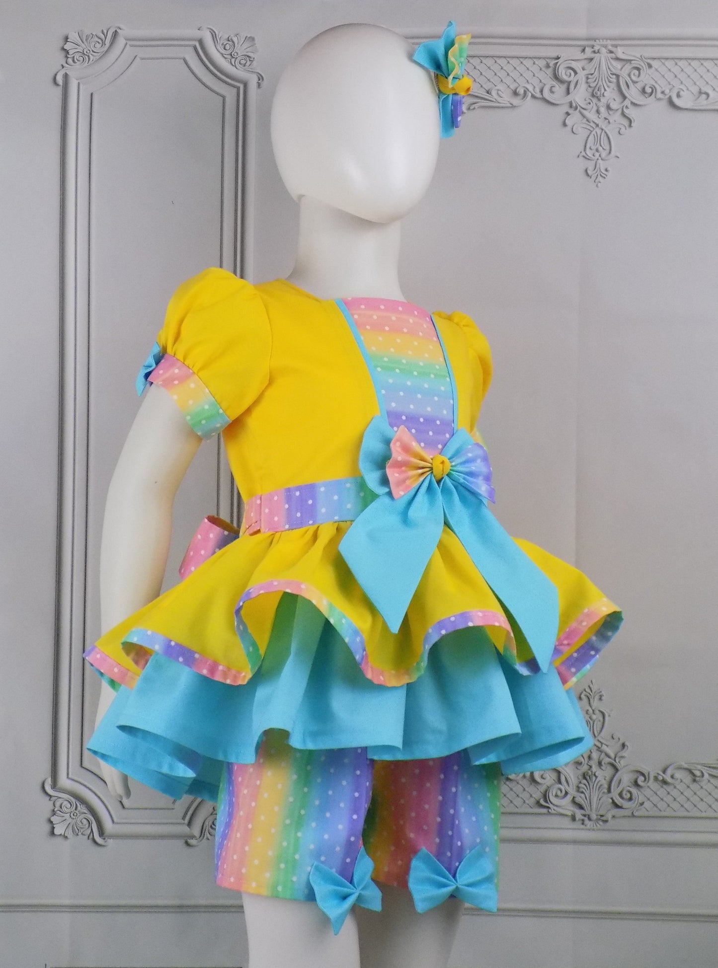 Pastel Rainbow and Dots Pageant Casual Wear Outfit. Top Shorts Bow Set.  Perfect for Spring or Summer