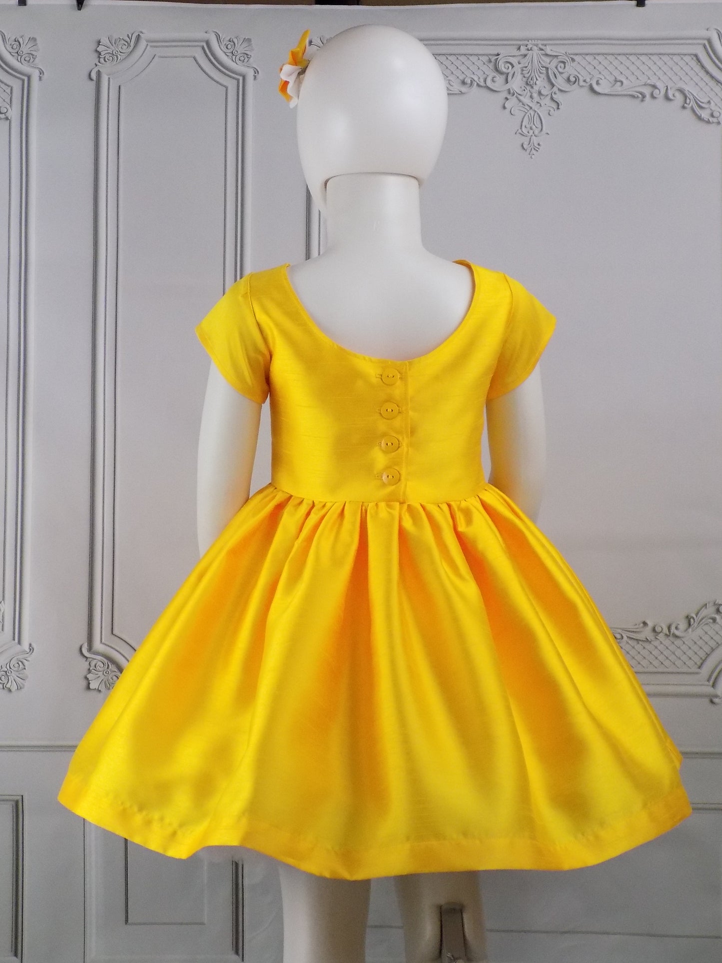 Bright Yellow Interview Dress for Pageants in Faux Silk Dupioni with Hair Bow