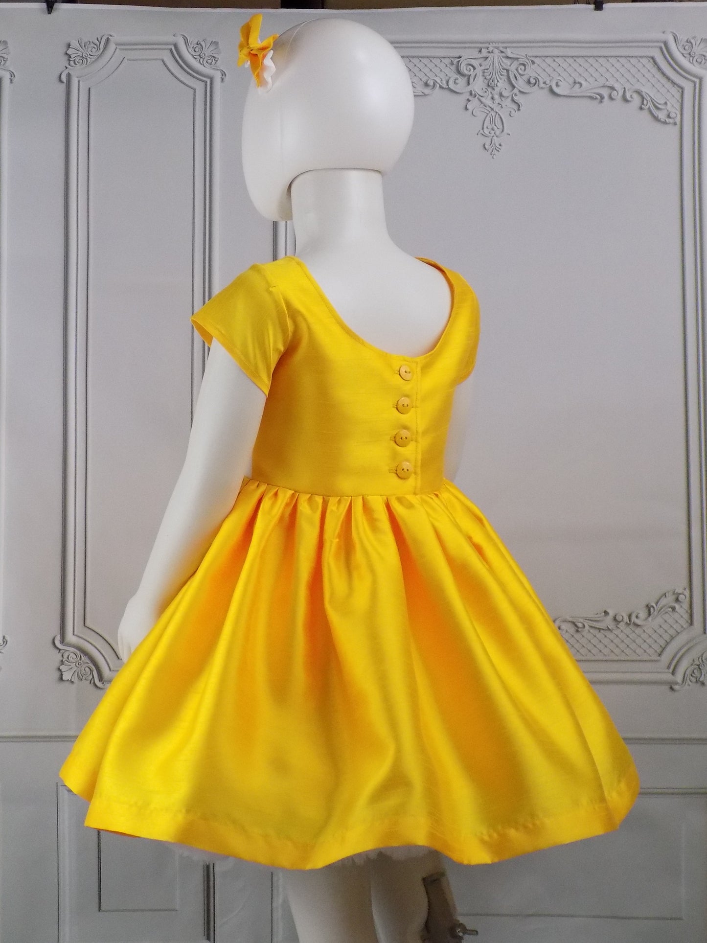 Bright Yellow Interview Dress for Pageants in Faux Silk Dupioni with Hair Bow