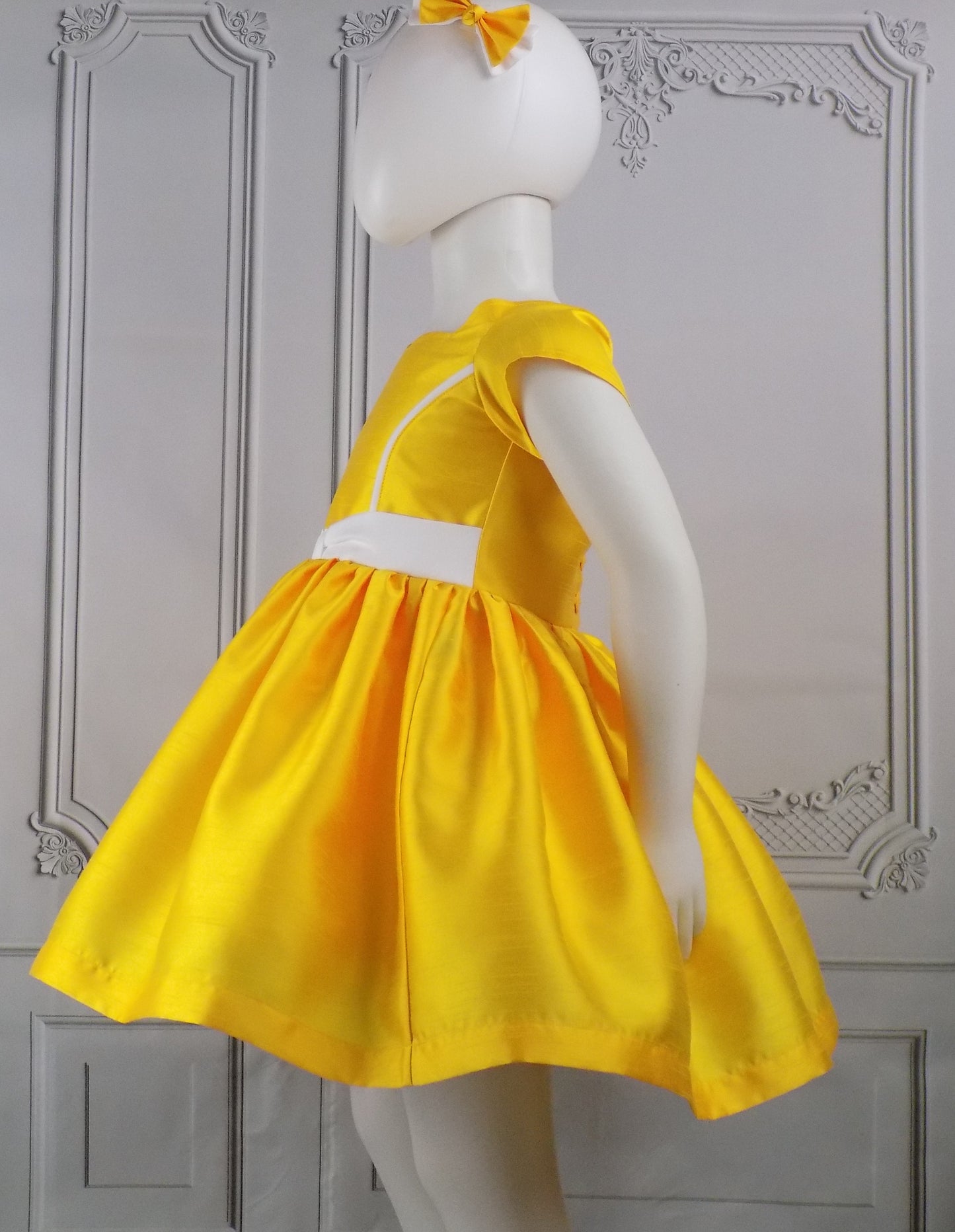 Bright Yellow Interview Dress for Pageants in Faux Silk Dupioni with Hair Bow