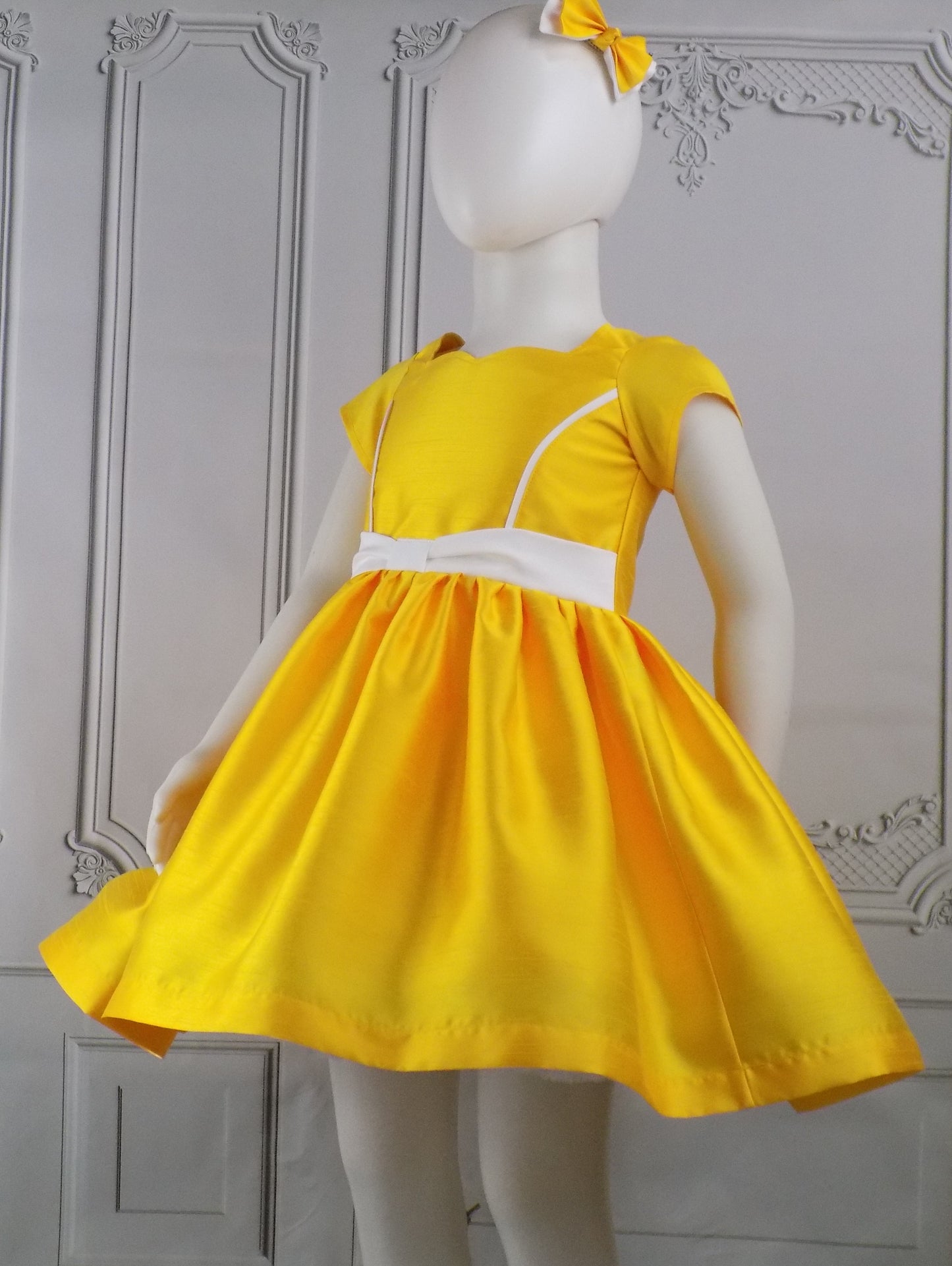 Bright Yellow Interview Dress for Pageants in Faux Silk Dupioni with Hair Bow