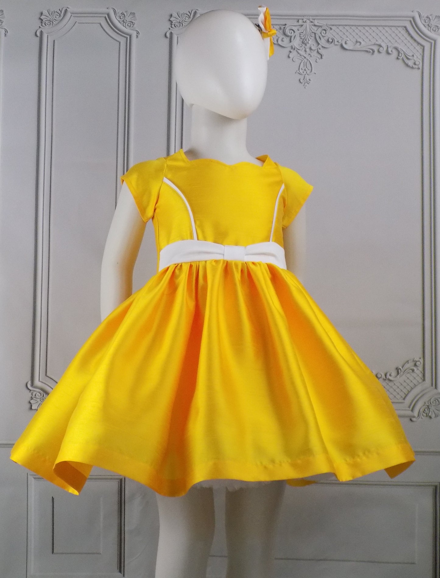 Bright Yellow Interview Dress for Pageants in Faux Silk Dupioni with Hair Bow