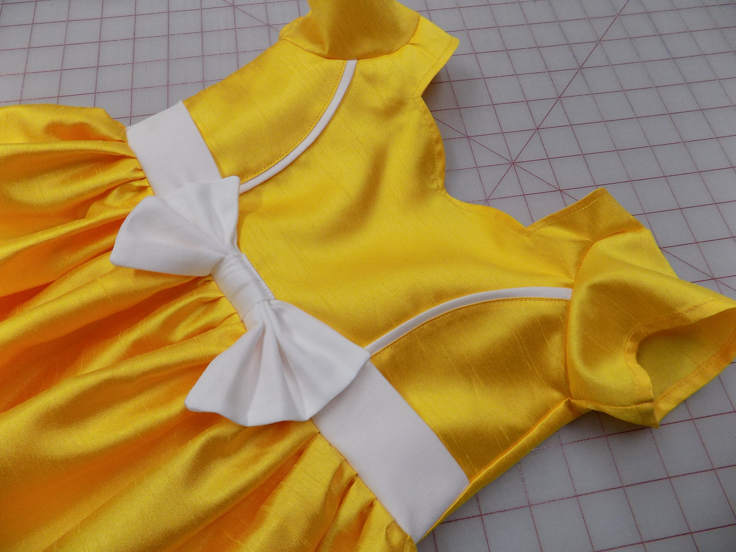 Bright Yellow Interview Dress for Pageants in Faux Silk Dupioni with Hair Bow