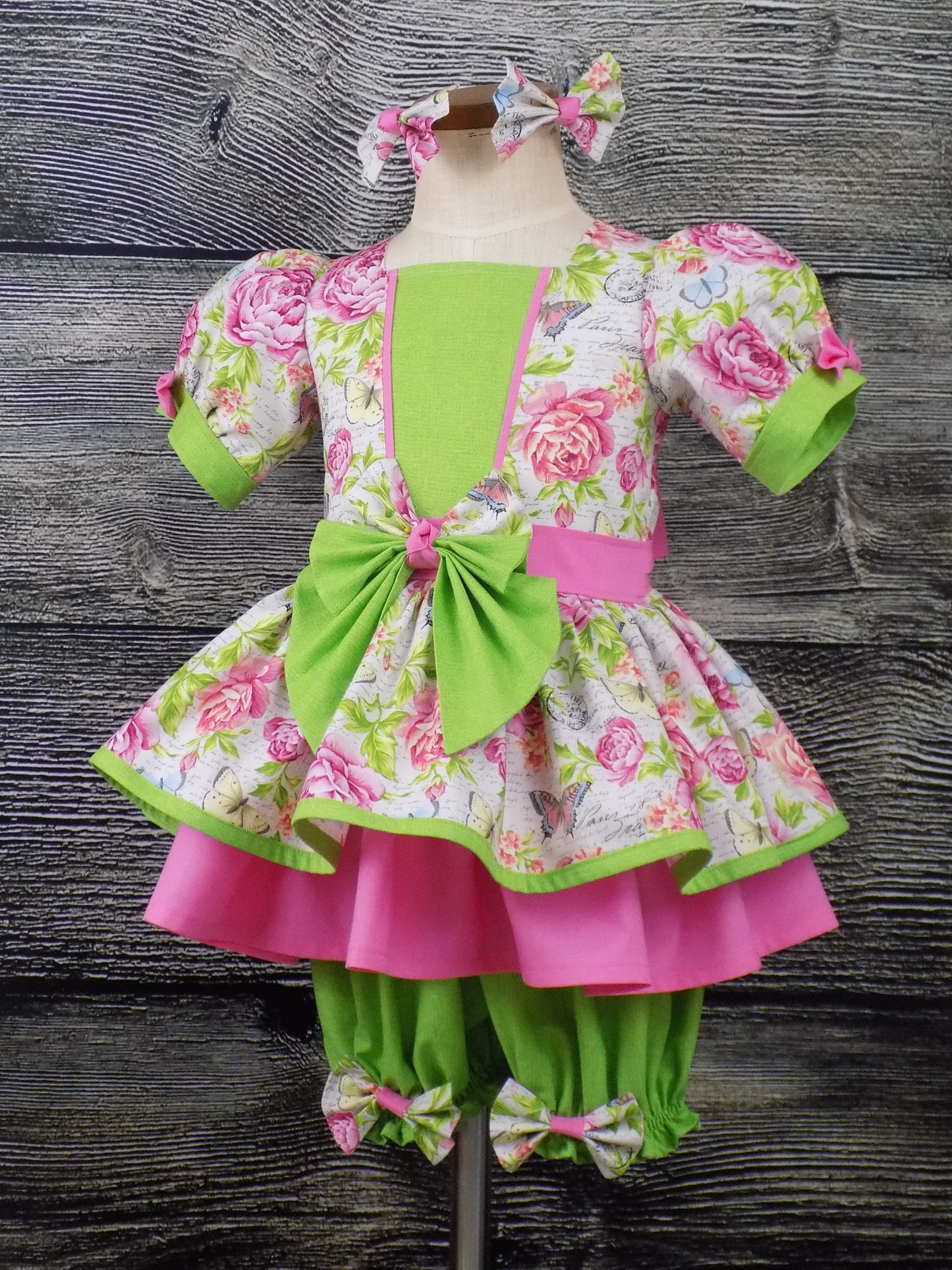 Pink Flowers and Butterflies Pageant Casual Wear Outfit. Top Shorts Bow Set Perfect for Spring or Summer