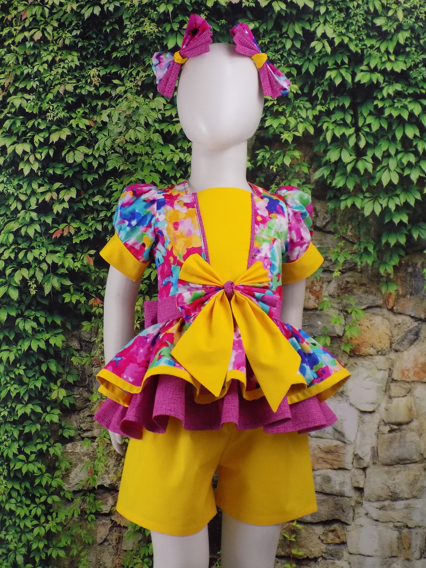 Hot Pink and Yellow Bold and Bright Neon Floral Pageant Casual Wear Outfit. Top Shorts Bow Sportswear Set