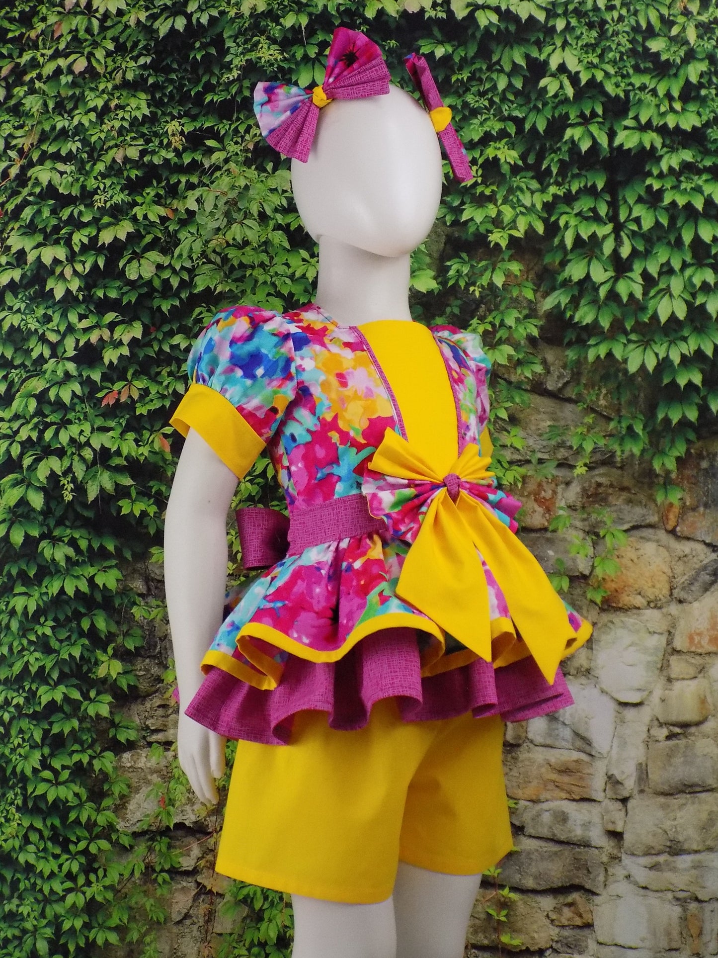 Hot Pink and Yellow Bold and Bright Neon Floral Pageant Casual Wear Outfit. Top Shorts Bow Sportswear Set