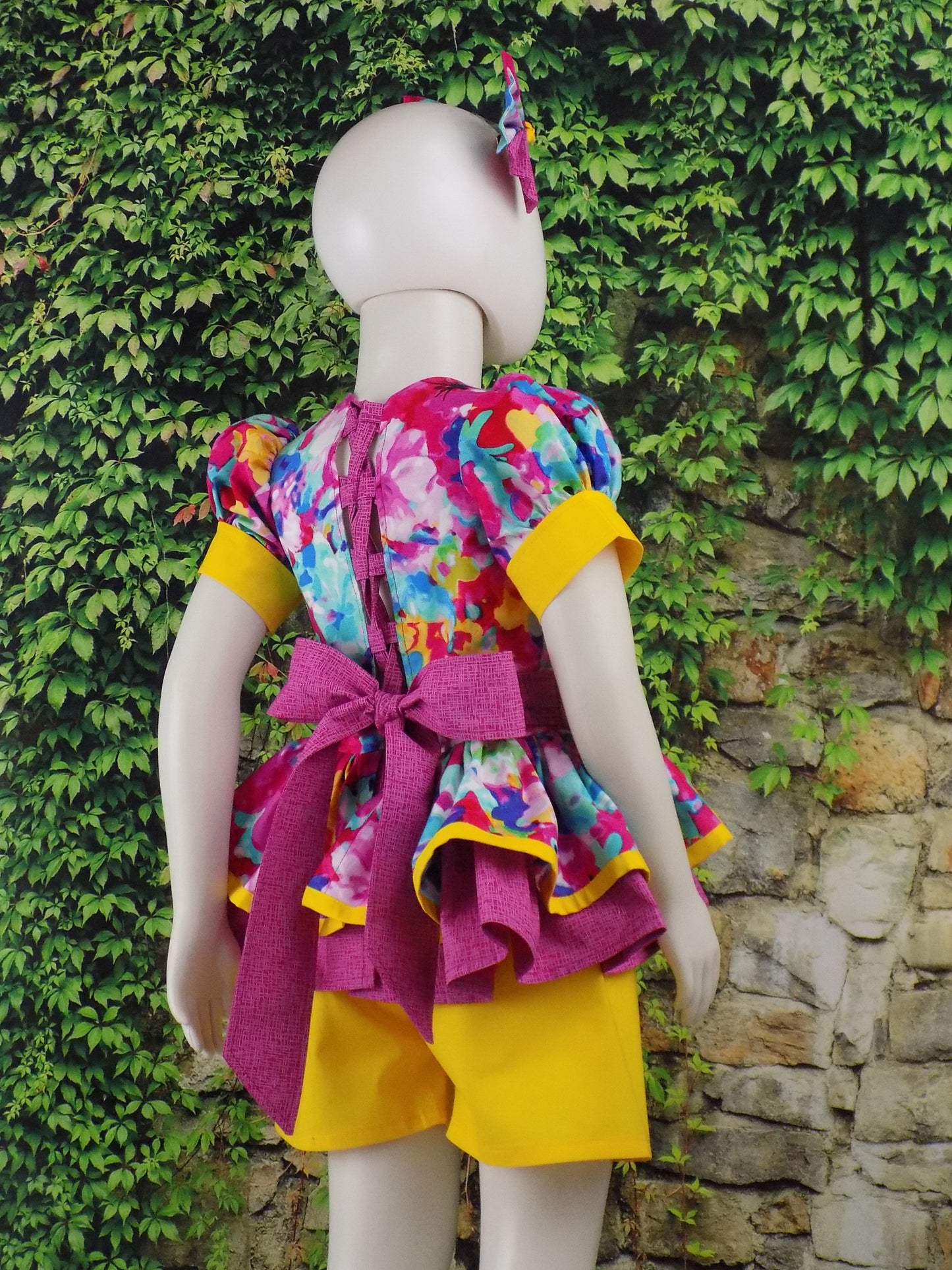 Hot Pink and Yellow Bold and Bright Neon Floral Pageant Casual Wear Outfit. Top Shorts Bow Sportswear Set