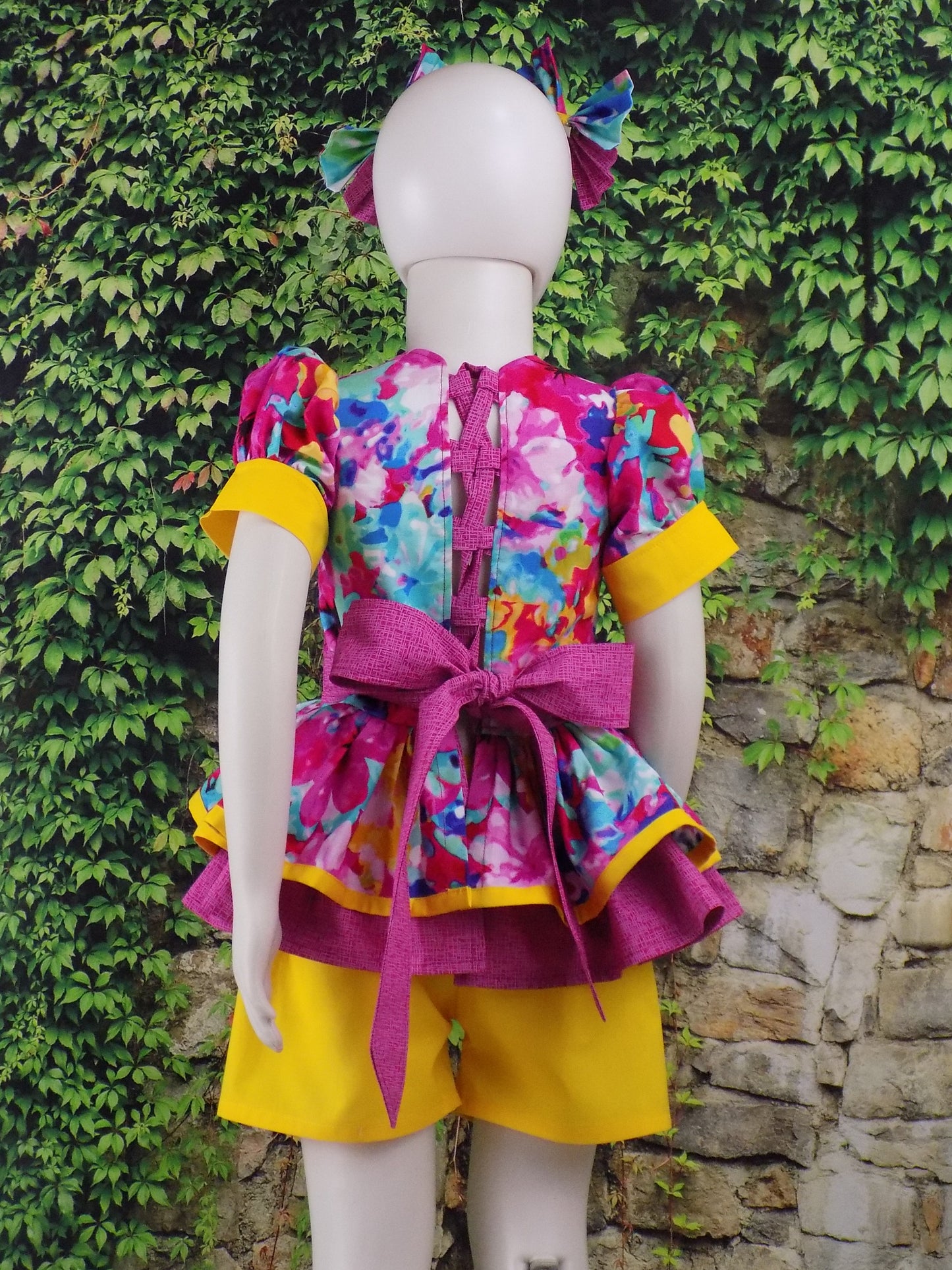 Hot Pink and Yellow Bold and Bright Neon Floral Pageant Casual Wear Outfit. Top Shorts Bow Sportswear Set