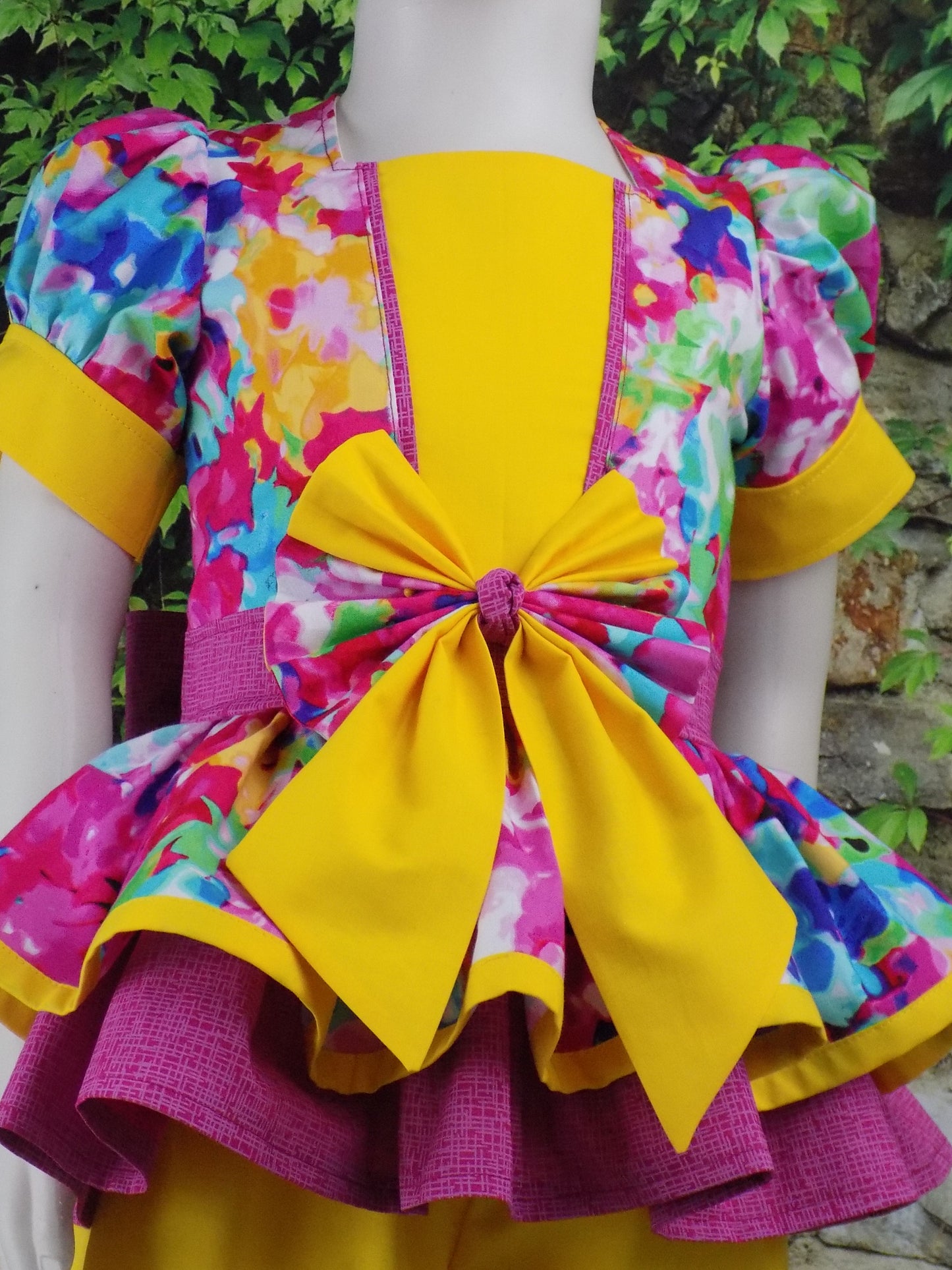 Hot Pink and Yellow Bold and Bright Neon Floral Pageant Casual Wear Outfit. Top Shorts Bow Sportswear Set