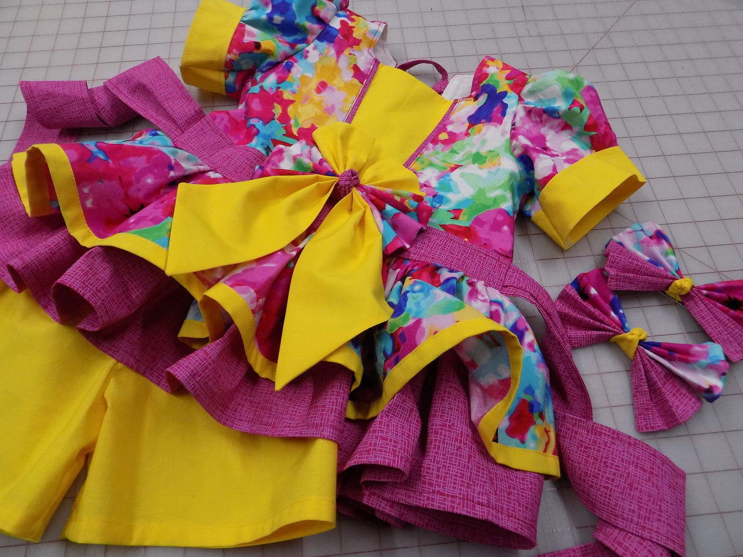 Hot Pink and Yellow Bold and Bright Neon Floral Pageant Casual Wear Outfit. Top Shorts Bow Sportswear Set