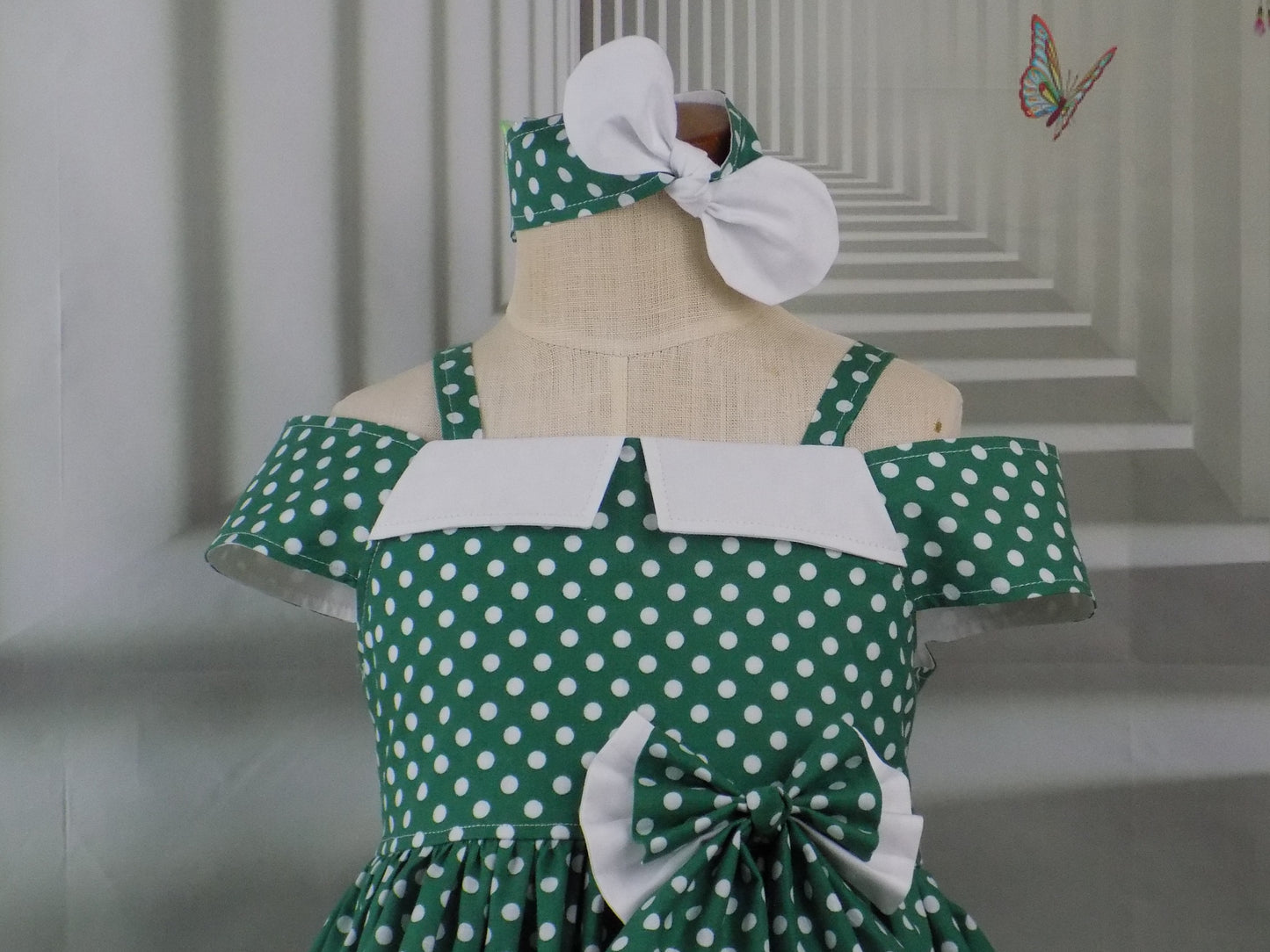 Shoulder Wrap Green Polka Dot Dress with Collar for Girls Pageant Personality Wear