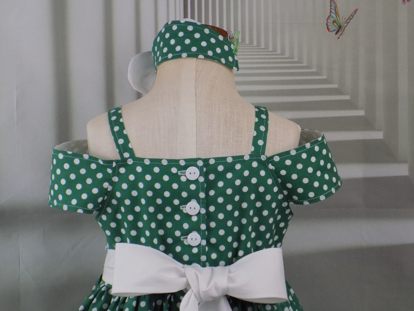 Shoulder Wrap Green Polka Dot Dress with Collar for Girls Pageant Personality Wear