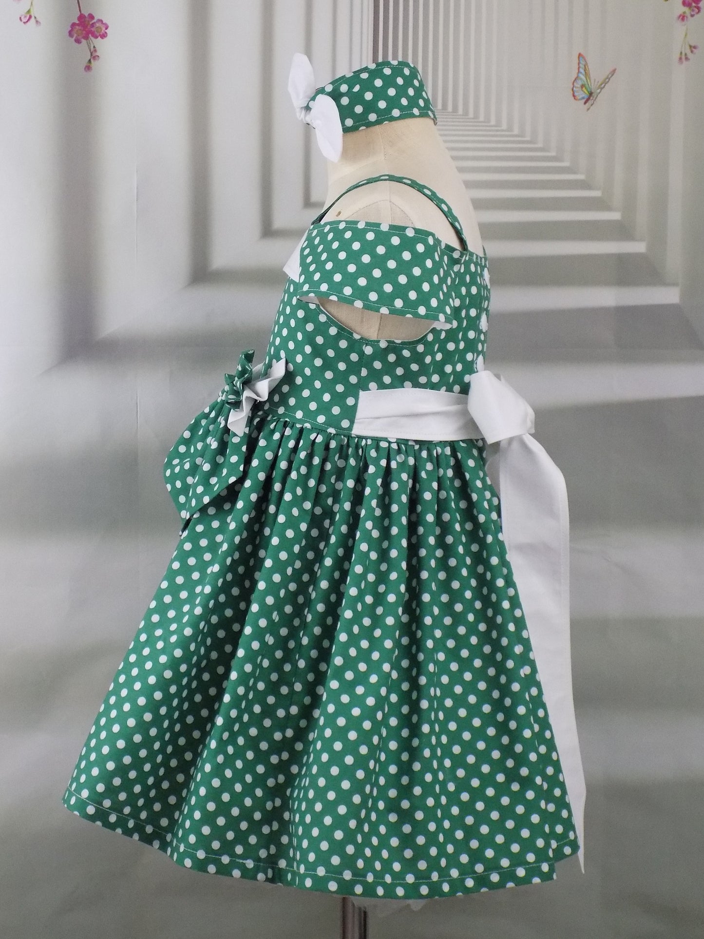 Shoulder Wrap Green Polka Dot Dress with Collar for Girls Pageant Personality Wear