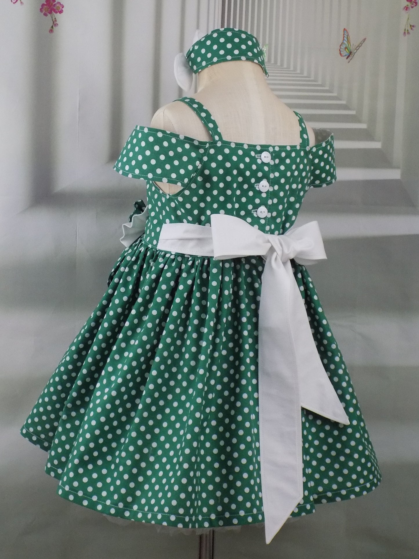 Shoulder Wrap Green Polka Dot Dress with Collar for Girls Pageant Personality Wear