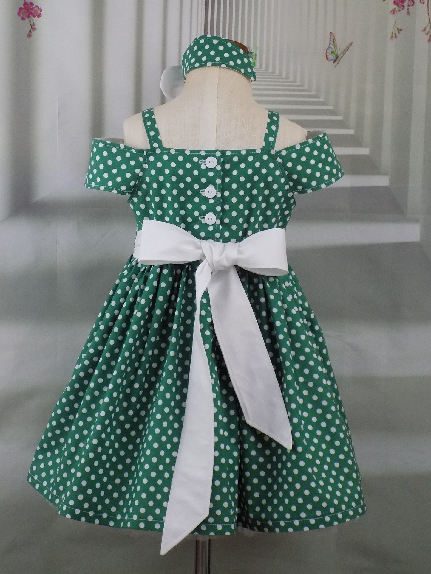 Shoulder Wrap Green Polka Dot Dress with Collar for Girls Pageant Personality Wear