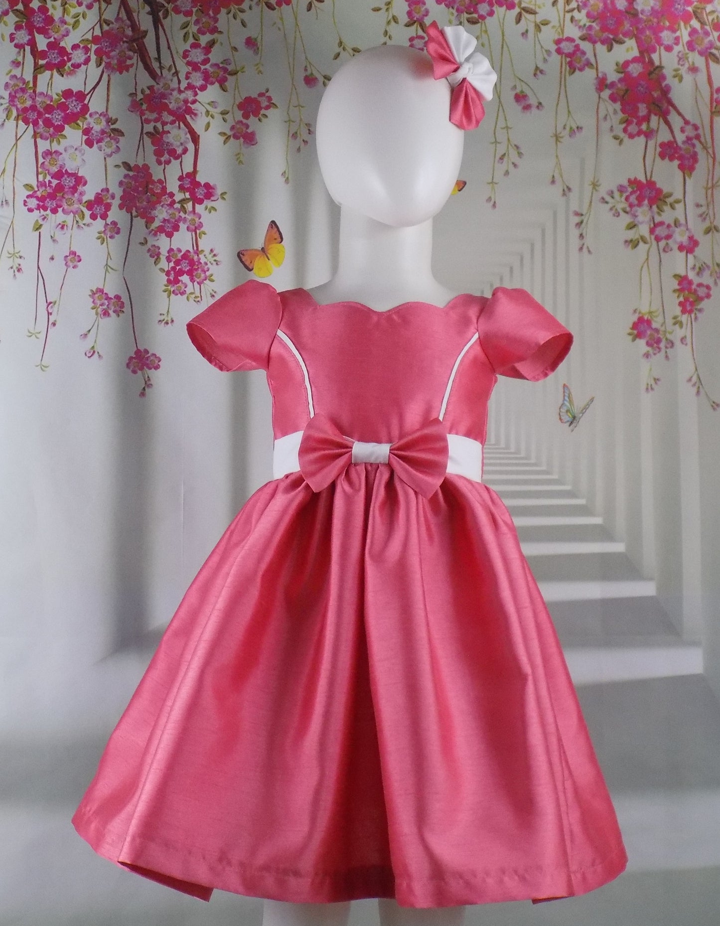 Coral Peach Interview Dress with Sweetheart Neckline for Pageants in Faux Silk Dupioni with Hair Bow