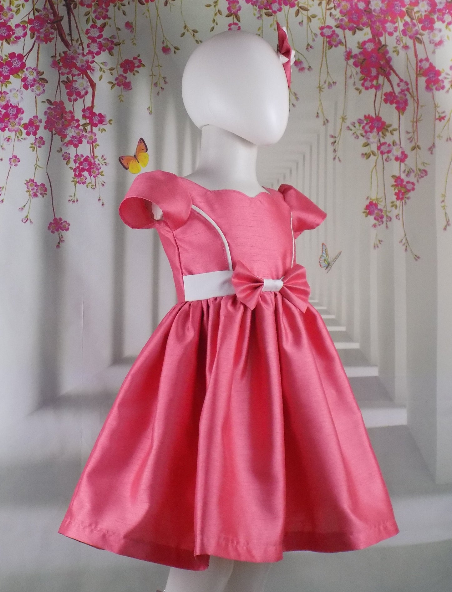 Coral Peach Interview Dress with Sweetheart Neckline for Pageants in Faux Silk Dupioni with Hair Bow