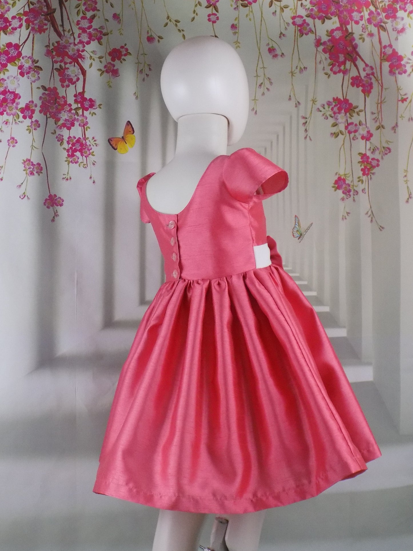 Coral Peach Interview Dress with Sweetheart Neckline for Pageants in Faux Silk Dupioni with Hair Bow