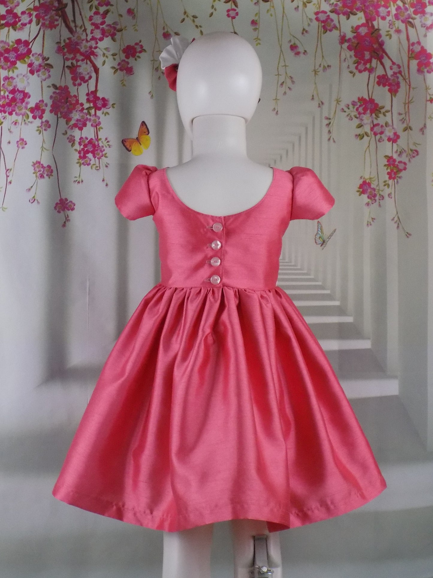 Coral Peach Interview Dress with Sweetheart Neckline for Pageants in Faux Silk Dupioni with Hair Bow