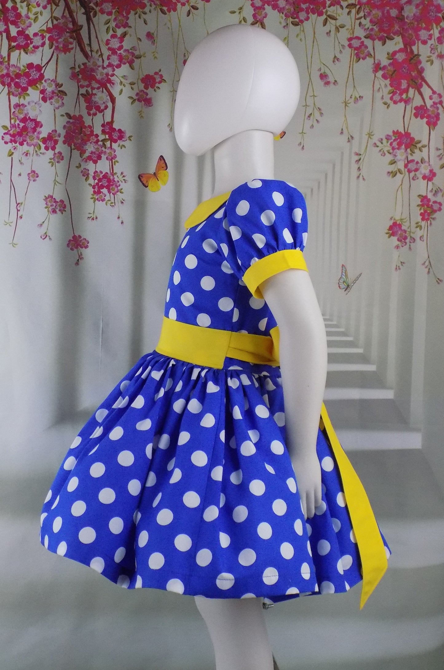 Royal Blue Polka Dot Dress with Collar for Girls Pageant Personality Wear