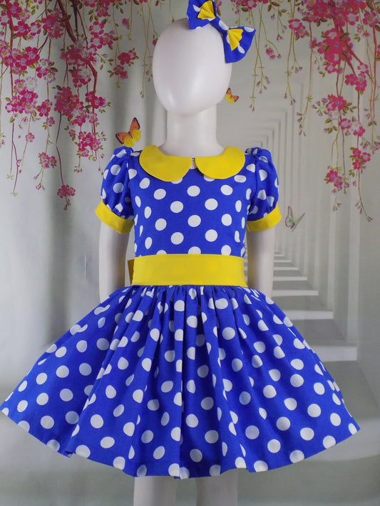 Royal Blue Polka Dot Dress with Collar for Girls Pageant Personality Wear