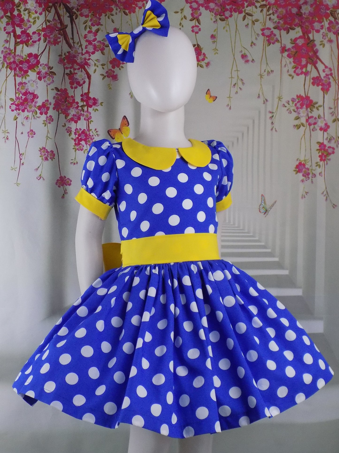 Royal Blue Polka Dot Dress with Collar for Girls Pageant Personality Wear