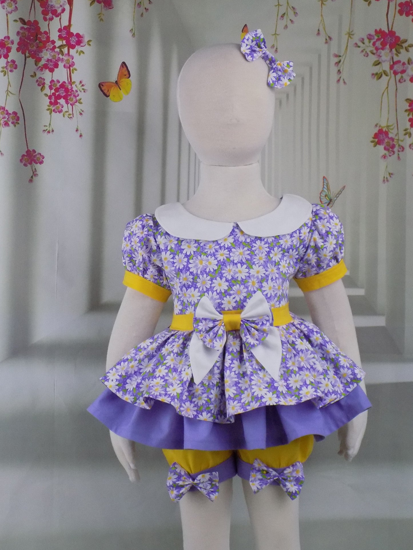 Purple Floral Pageant Casual Wear Outfit with White Daisies. Top Shorts Bows Sportswear Set