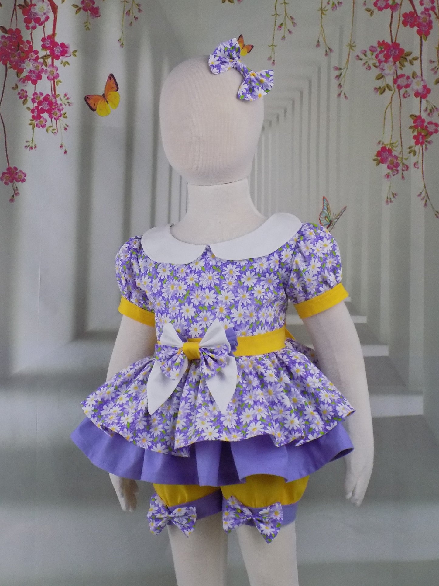 Purple Floral Pageant Casual Wear Outfit with White Daisies. Top Shorts Bows Sportswear Set