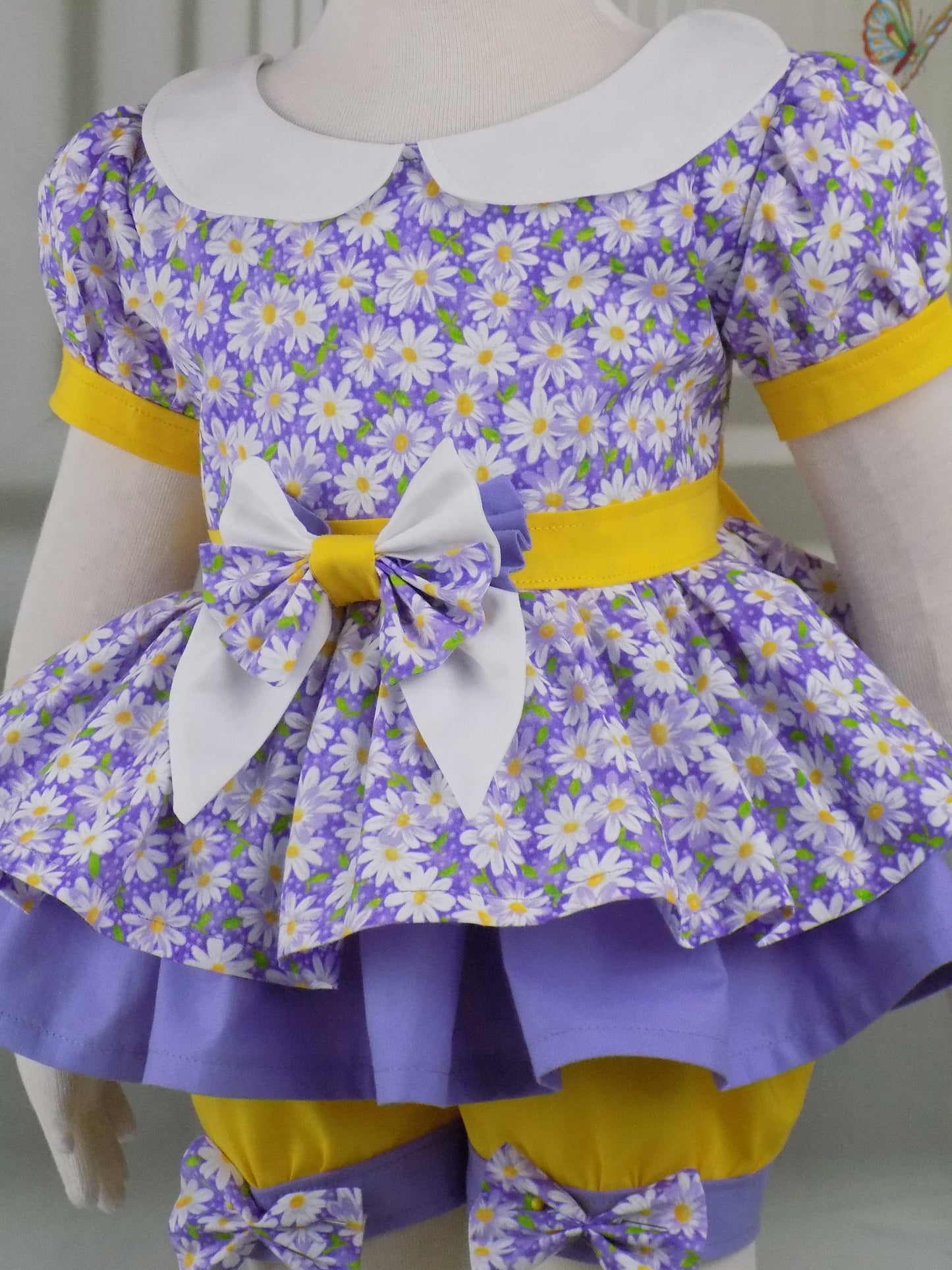 Purple Floral Pageant Casual Wear Outfit with White Daisies. Top Shorts Bows Sportswear Set