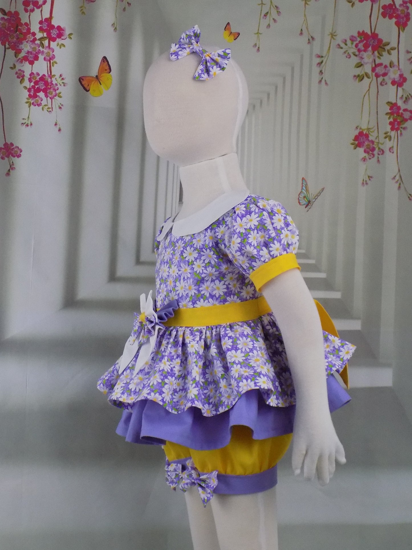 Purple Floral Pageant Casual Wear Outfit with White Daisies. Top Shorts Bows Sportswear Set