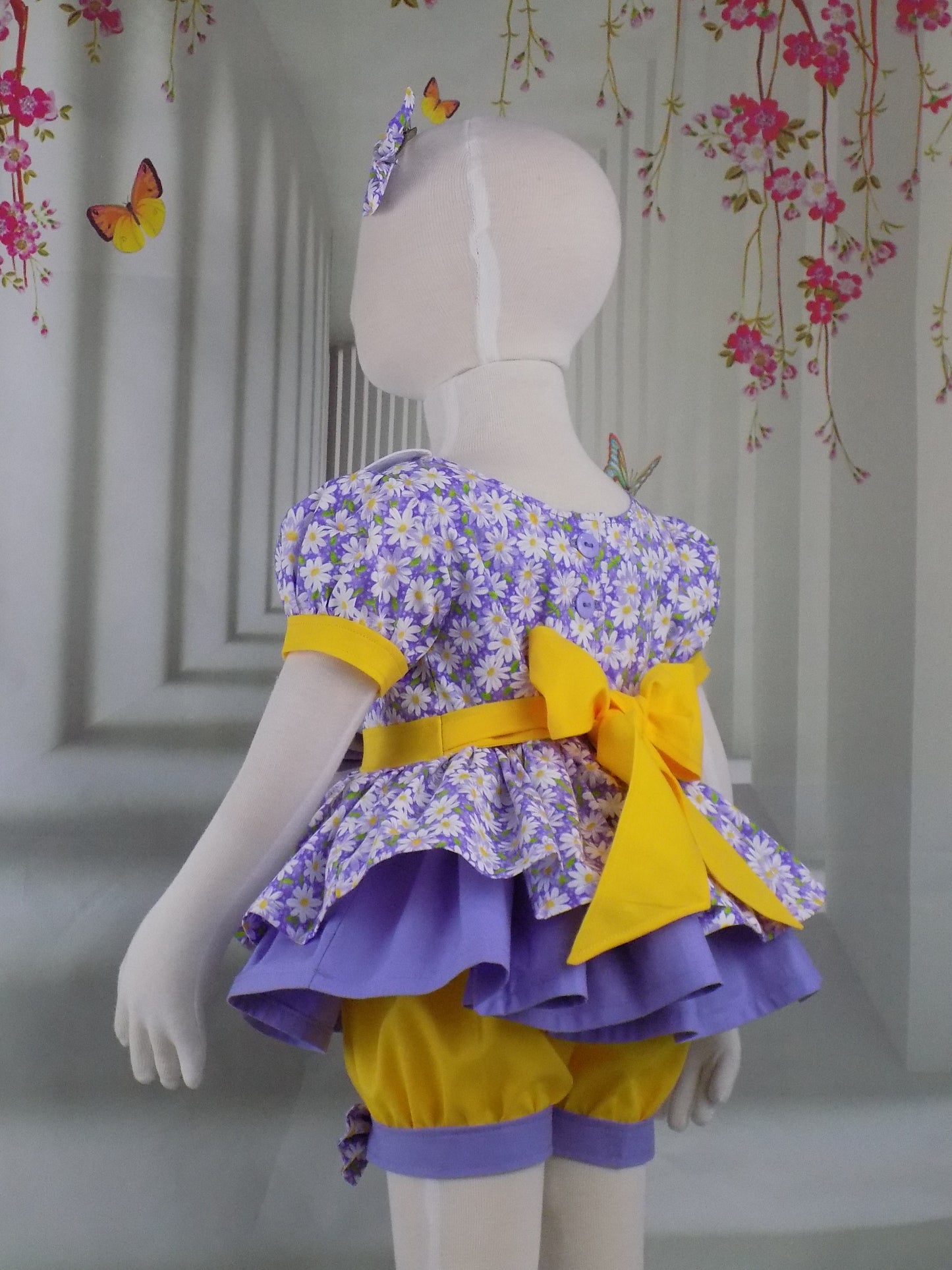 Purple Floral Pageant Casual Wear Outfit with White Daisies. Top Shorts Bows Sportswear Set