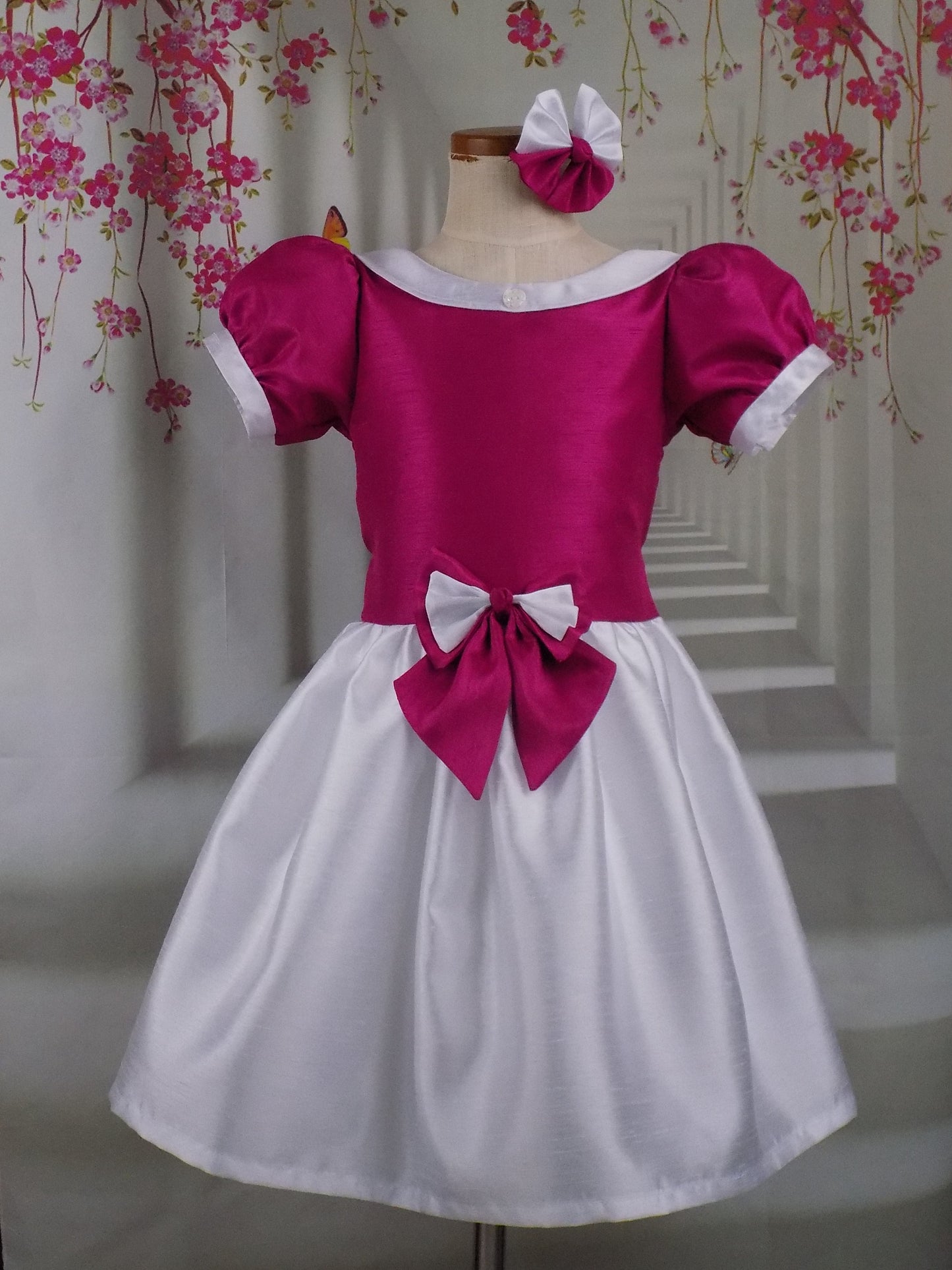 Hot Pink and White Interview Dress for Pageants in Faux Silk Dupioni for Toddlers to Mini Miss