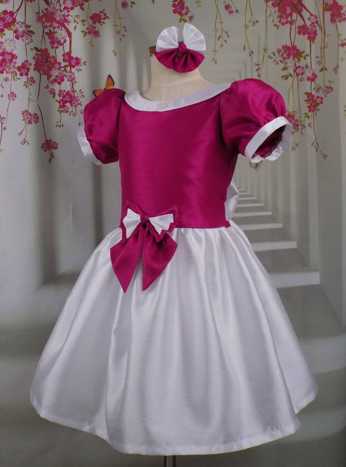 Hot Pink and White Interview Dress for Pageants in Faux Silk Dupioni for Toddlers to Mini Miss