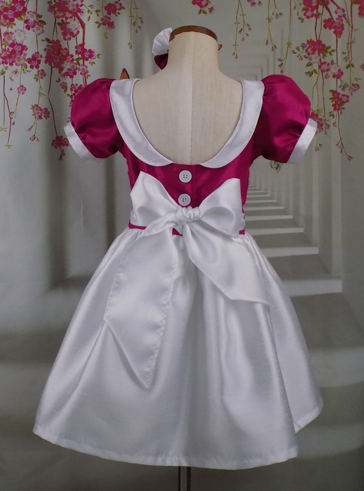 Hot Pink and White Interview Dress for Pageants in Faux Silk Dupioni for Toddlers to Mini Miss