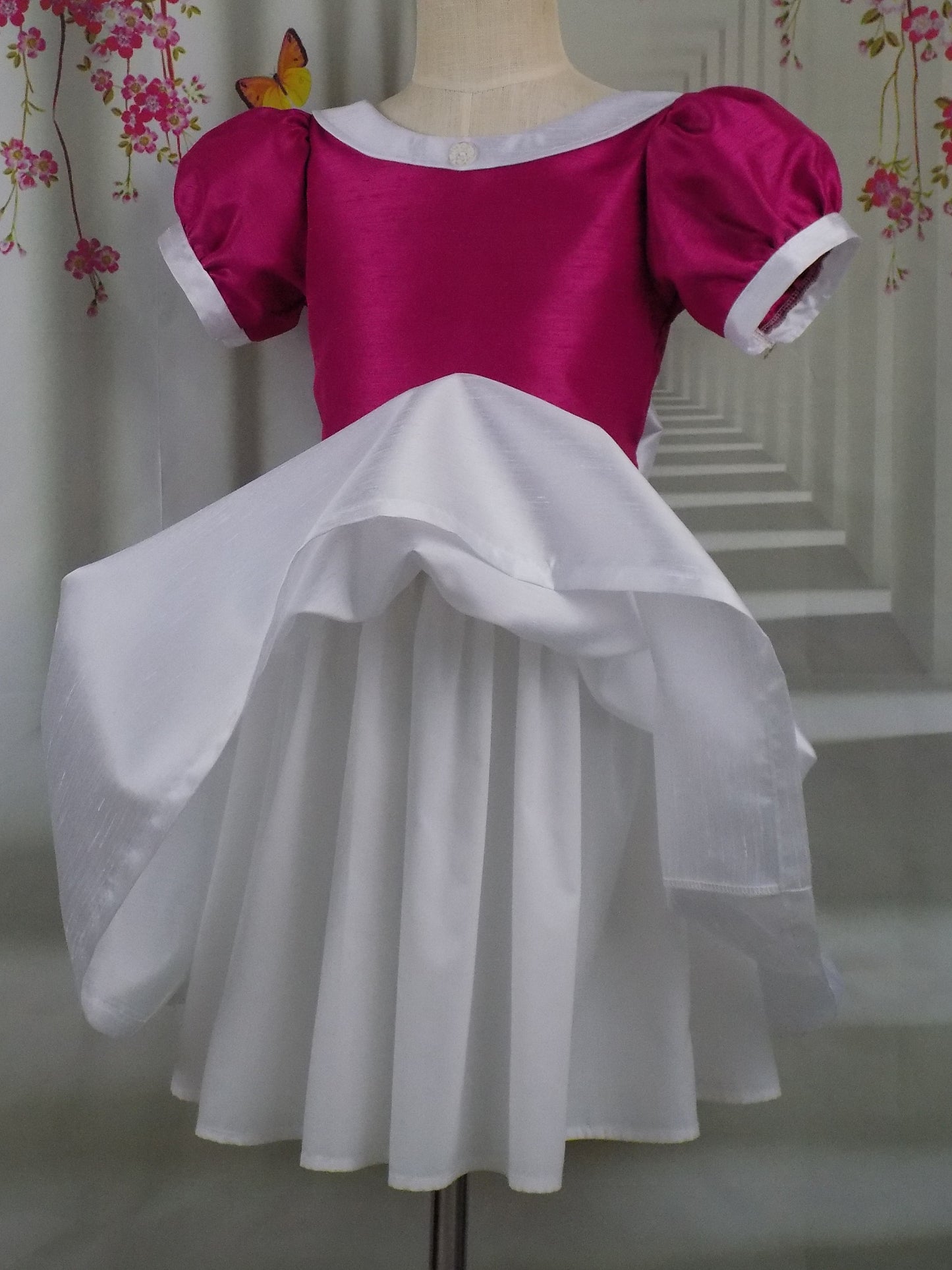 Hot Pink and White Interview Dress for Pageants in Faux Silk Dupioni for Toddlers to Mini Miss