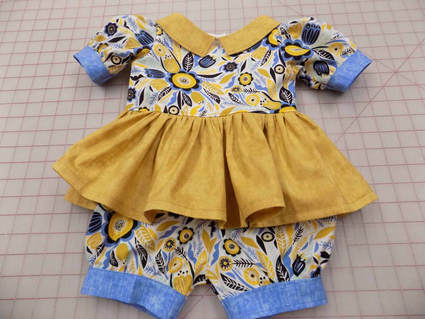 Denim and Mustard Floral Pageant Casual Wear Outfit. Top, Shorts, Suspender Skirt and Bow Set perfect for Fall.