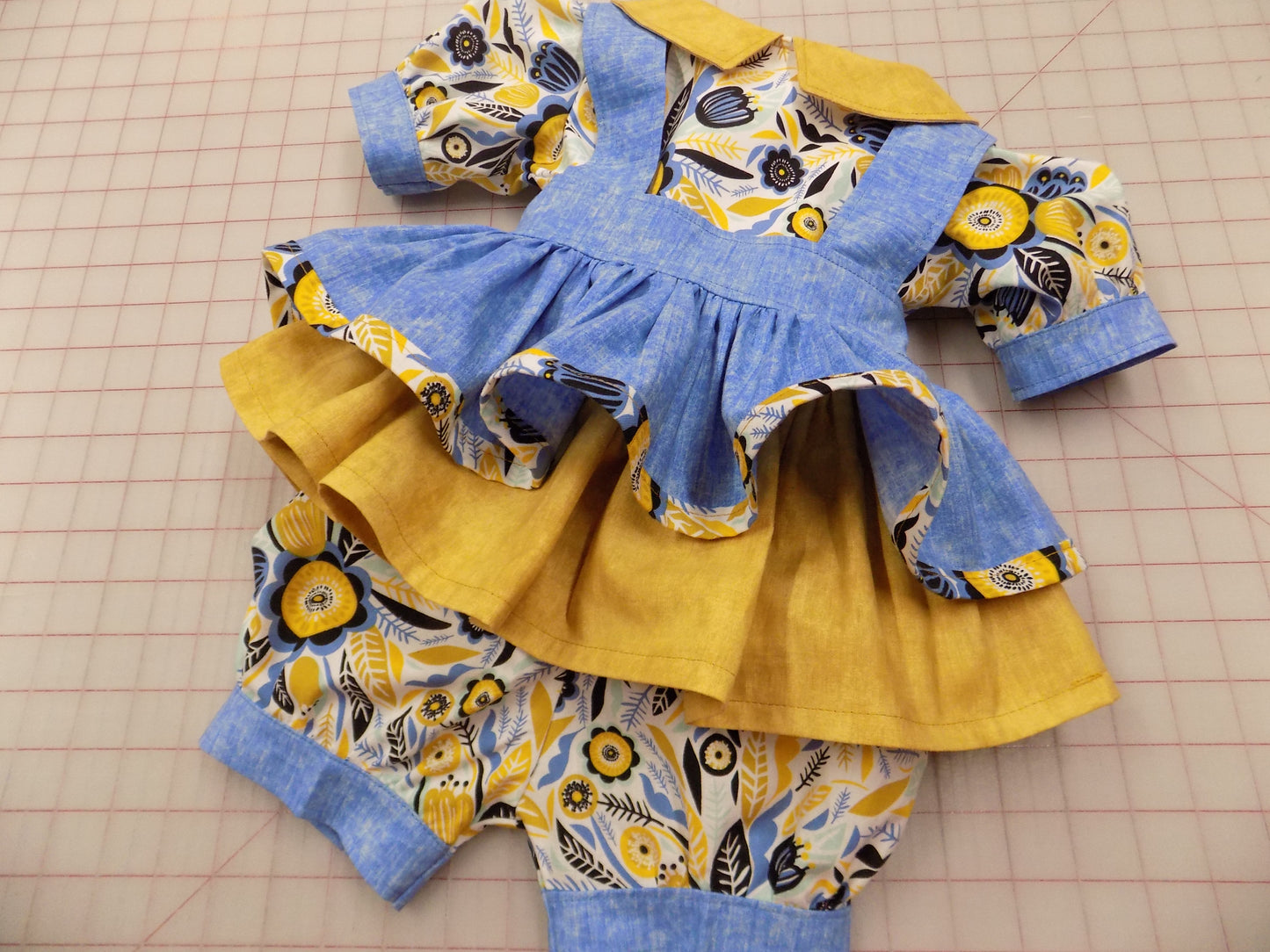 Denim and Mustard Floral Pageant Casual Wear Outfit. Top, Shorts, Suspender Skirt and Bow Set perfect for Fall.