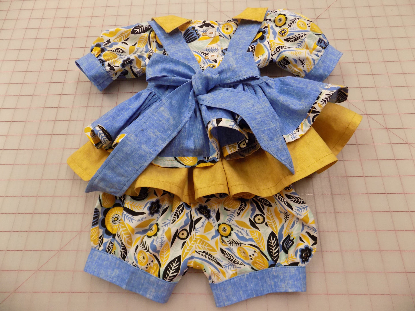 Denim and Mustard Floral Pageant Casual Wear Outfit. Top, Shorts, Suspender Skirt and Bow Set perfect for Fall.