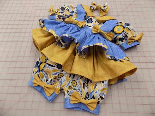 Denim and Mustard Floral Pageant Casual Wear Outfit. Top, Shorts, Suspender Skirt and Bow Set perfect for Fall.