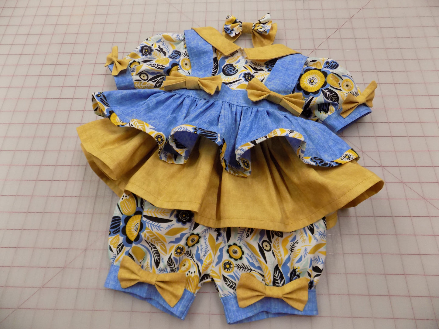 Denim and Mustard Floral Pageant Casual Wear Outfit. Top, Shorts, Suspender Skirt and Bow Set perfect for Fall.